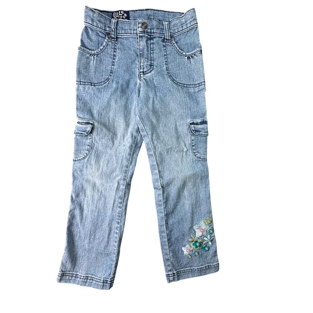 Lee Girls Cargo Jeans Floral Embroidered Sequin Y2K Kidcore Size 6X Blue Denim